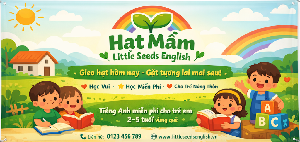 Little Seeds English banner with children reading and ABC blocks