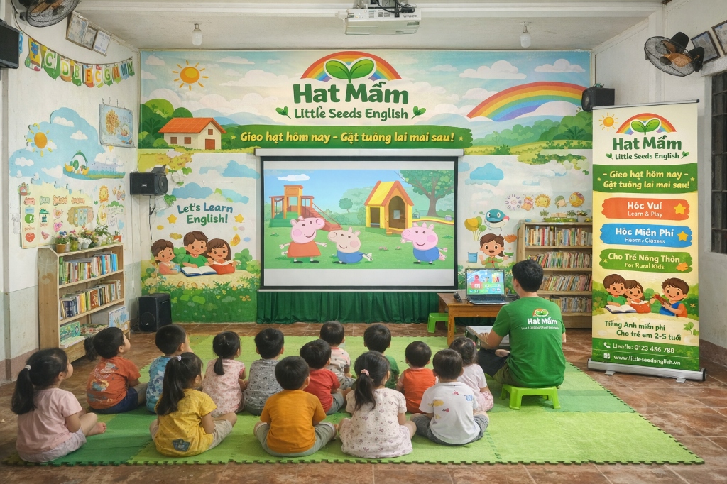 A Little Seeds English classroom: children sit on green mats watching an English cartoon on a projector screen while a teacher in a green Little Seeds shirt guides the lesson.